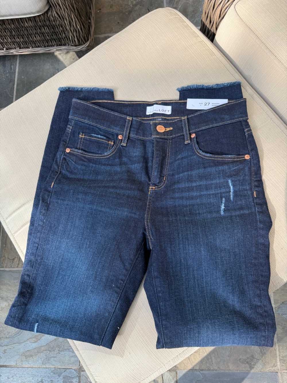 LOFT Dark Blue Cropped Denim Shorts with Frayed Hem